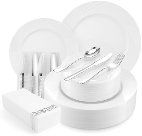 350-Piece White Swirls Plastic Dinnerware Set for 50 Guests