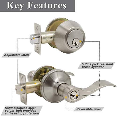 Probrico 5 Sets Satin Nickel Door Lever and Deadbolt Combo Pack