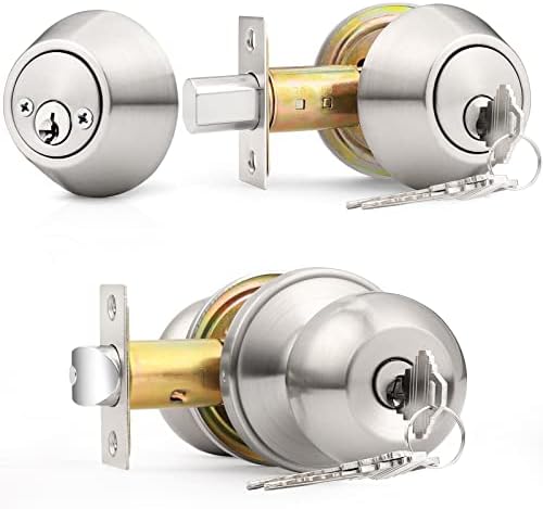 Probrico Satin Nickel Entry Door Knob and Deadbolt Combo with SAME Keys