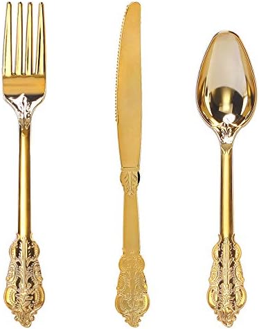 WDF Gold Plastic Silverware Set - Heavy-Duty Disposable Cutlery
