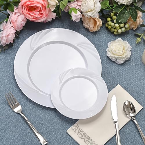 350-Piece White Swirls Plastic Dinnerware Set for 50 Guests