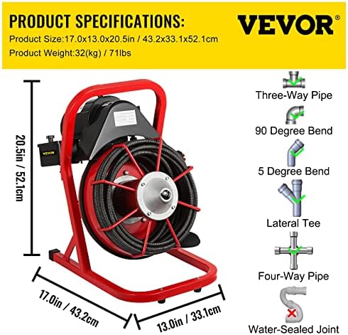 VEVOR 50FT Drain Auger with 4 Cutters and 250W Motor