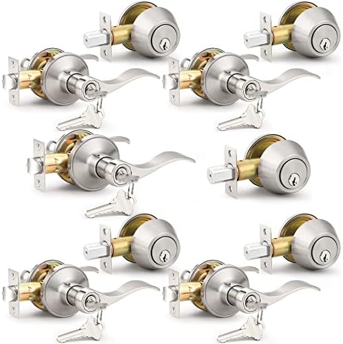 Probrico 5 Sets Satin Nickel Door Lever and Deadbolt Combo Pack
