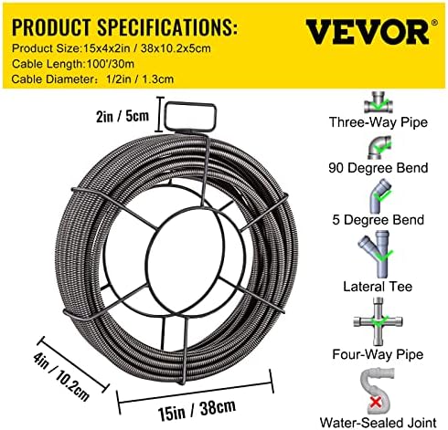 Vevor Drain Cleaning Cable 100 Steel Auger Black