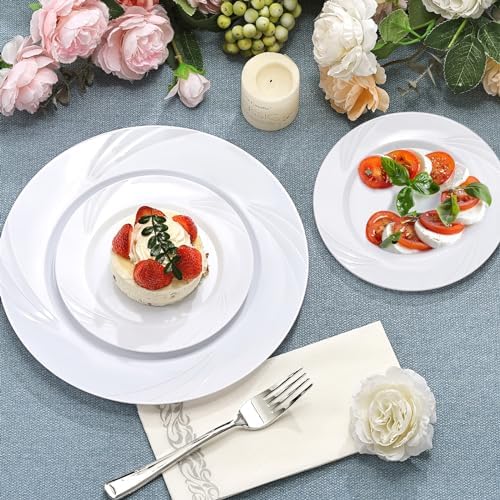 350-Piece White Swirls Plastic Dinnerware Set for 50 Guests