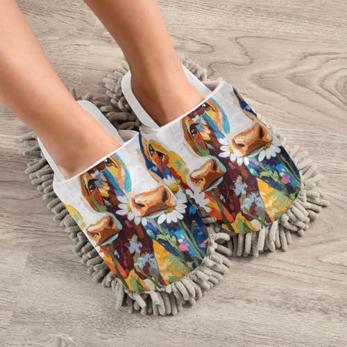 Burbuja Cow Daisy Flower Painting Mop Slippers 5-12 US Size