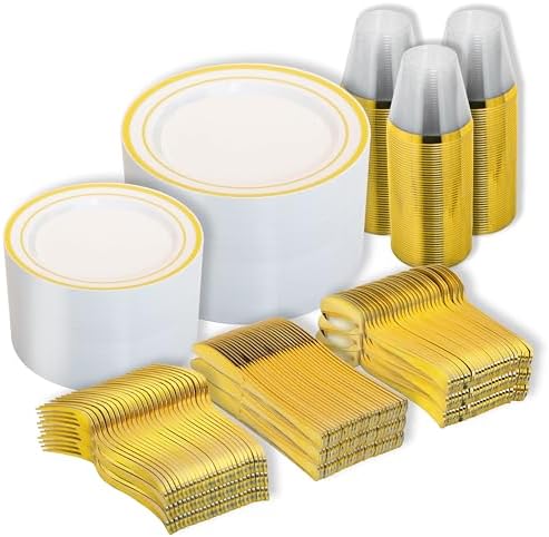N9R 600PCS Gold Plastic Dinnerware Set