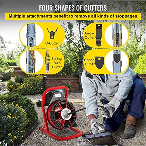 VEVOR 50FT Drain Auger with 4 Cutters and 250W Motor
