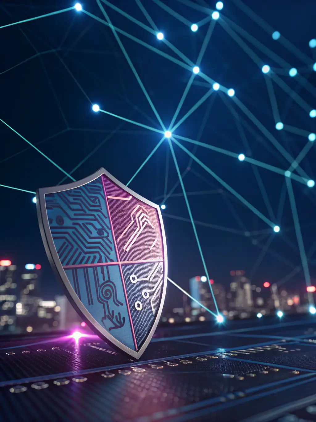 A digital shield with a lock icon, representing cybersecurity protection, with binary code flowing in the background, symbolizing daymoon's cybersecurity solutions.