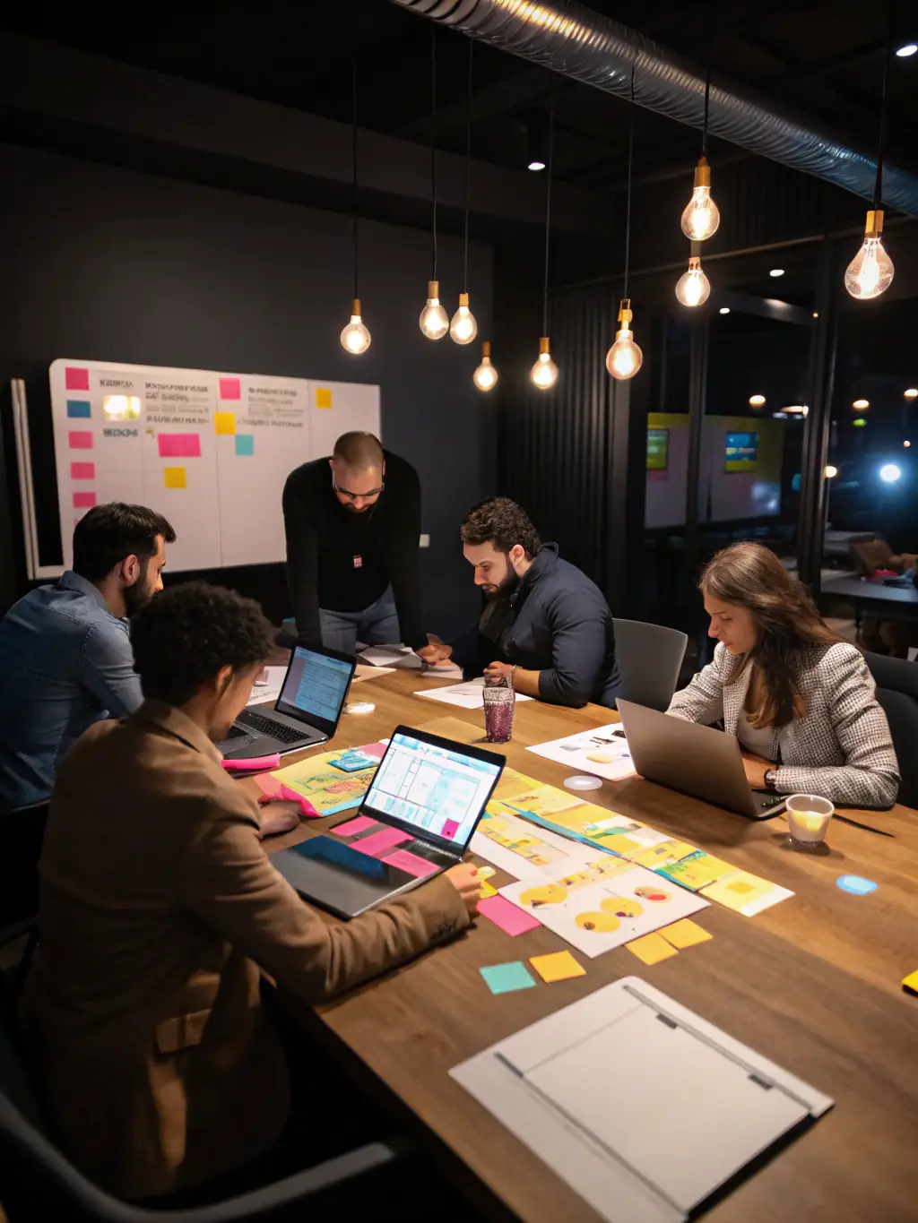 An image showcasing a team brainstorming digital strategies with charts and laptops, representing Daymoon's Digital Strategy Development service.