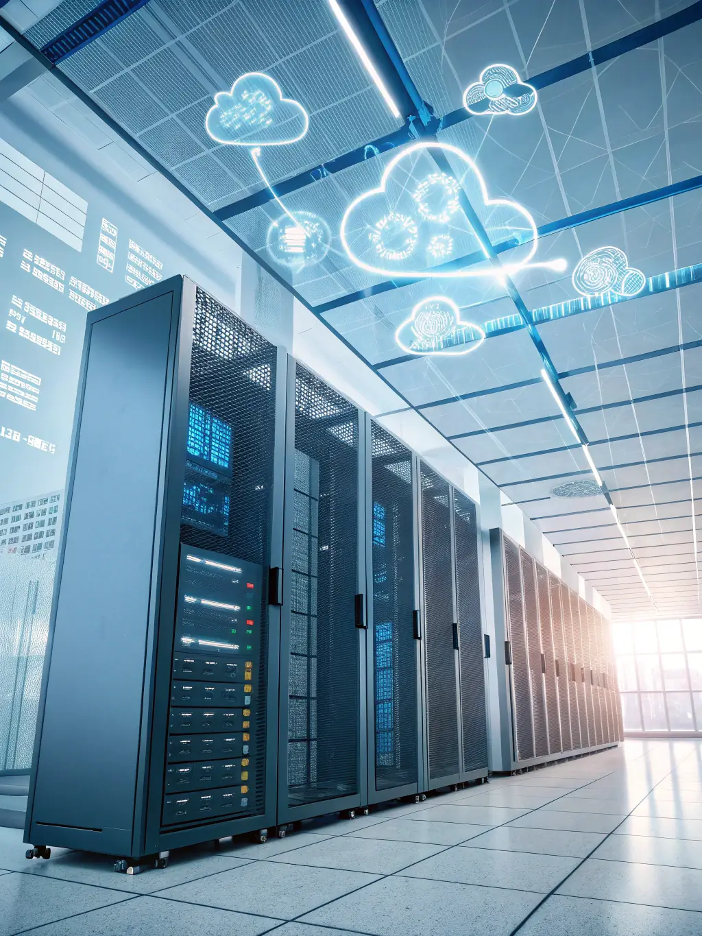 An image depicting cloud computing with servers and data analytics, illustrating Daymoon's Cloud Optimization service.