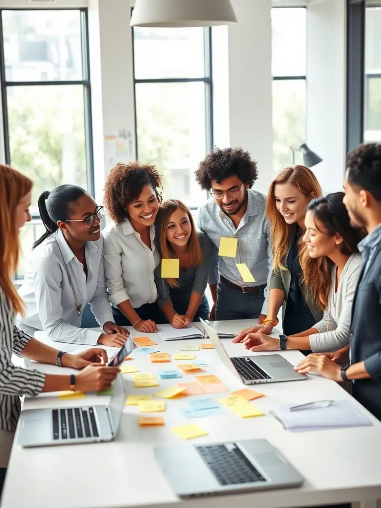 A diverse team brainstorming innovative technology solutions in a modern office, reflecting daymoon's collaborative and forward-thinking approach.