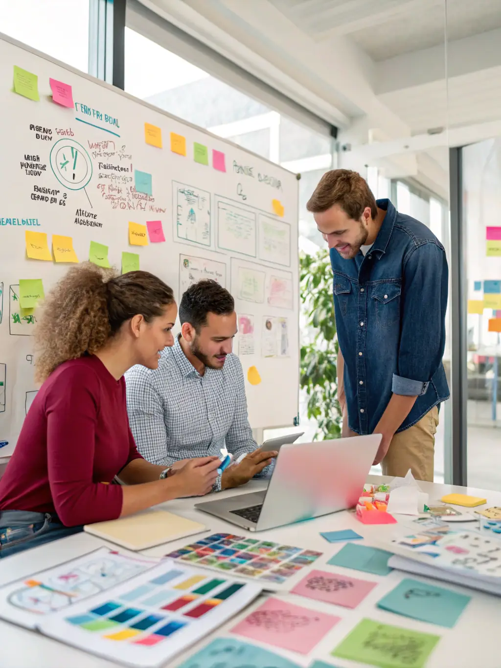 An image showcasing a team brainstorming digital strategies with charts and laptops, representing Daymoon's Digital Strategy Development service.