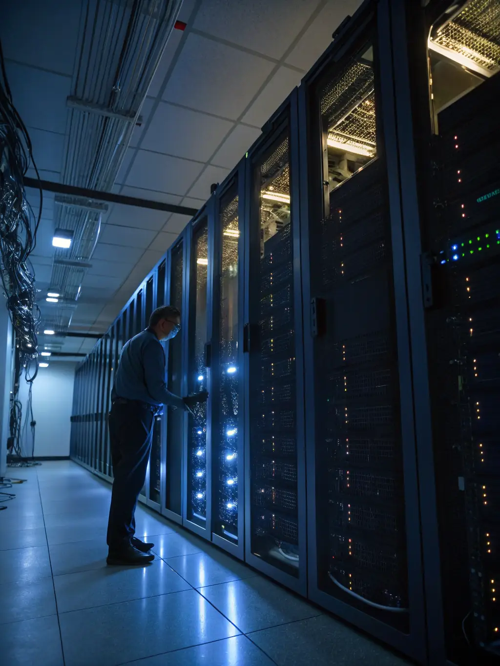 A server room with blinking lights and a technician monitoring cloud infrastructure, symbolizing daymoon's cloud optimization services.