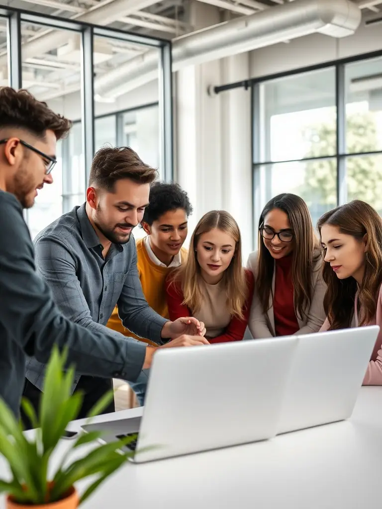 A professional workspace with a team collaborating on a digital strategy, using laptops and tablets, with charts and graphs displayed on a large screen in the background, representing daymoon's digital strategy development service.