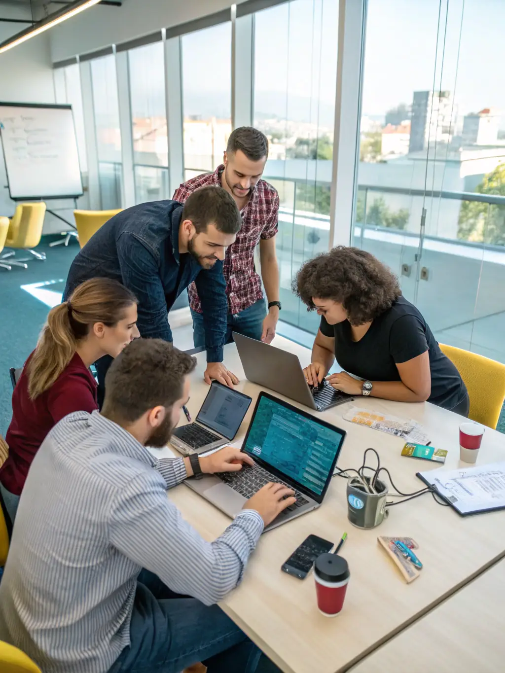 An image of a diverse team collaborating on a tech project, symbolizing Daymoon's collaborative approach to providing IT solutions.